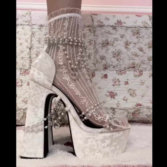 Sugar Thrillz Shoes - White Velvet Platform Heels with Pearl Chain Accents